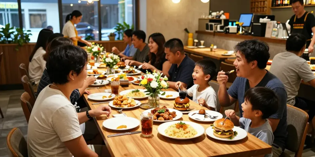 Families enjoying meals at ROKOK88 restaurant under warm lighting.