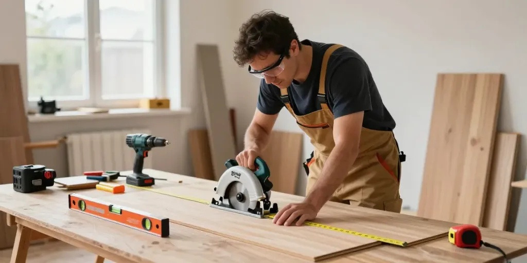 Carpenter measuring wooden flooring in Bergen for Bygg Norge renovation project.