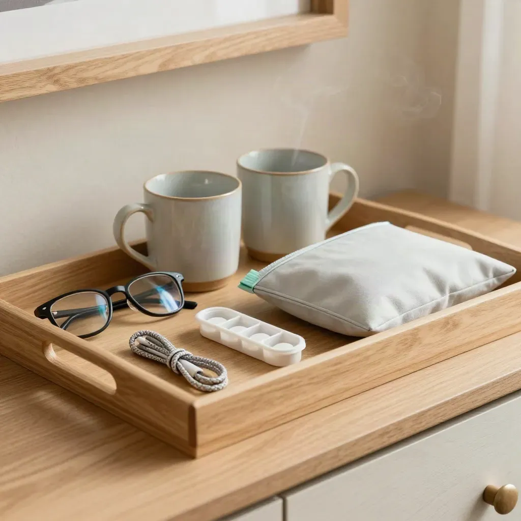 Caregiver support kit on an oak sideboard with glasses, charger, pill splitter and mugs.