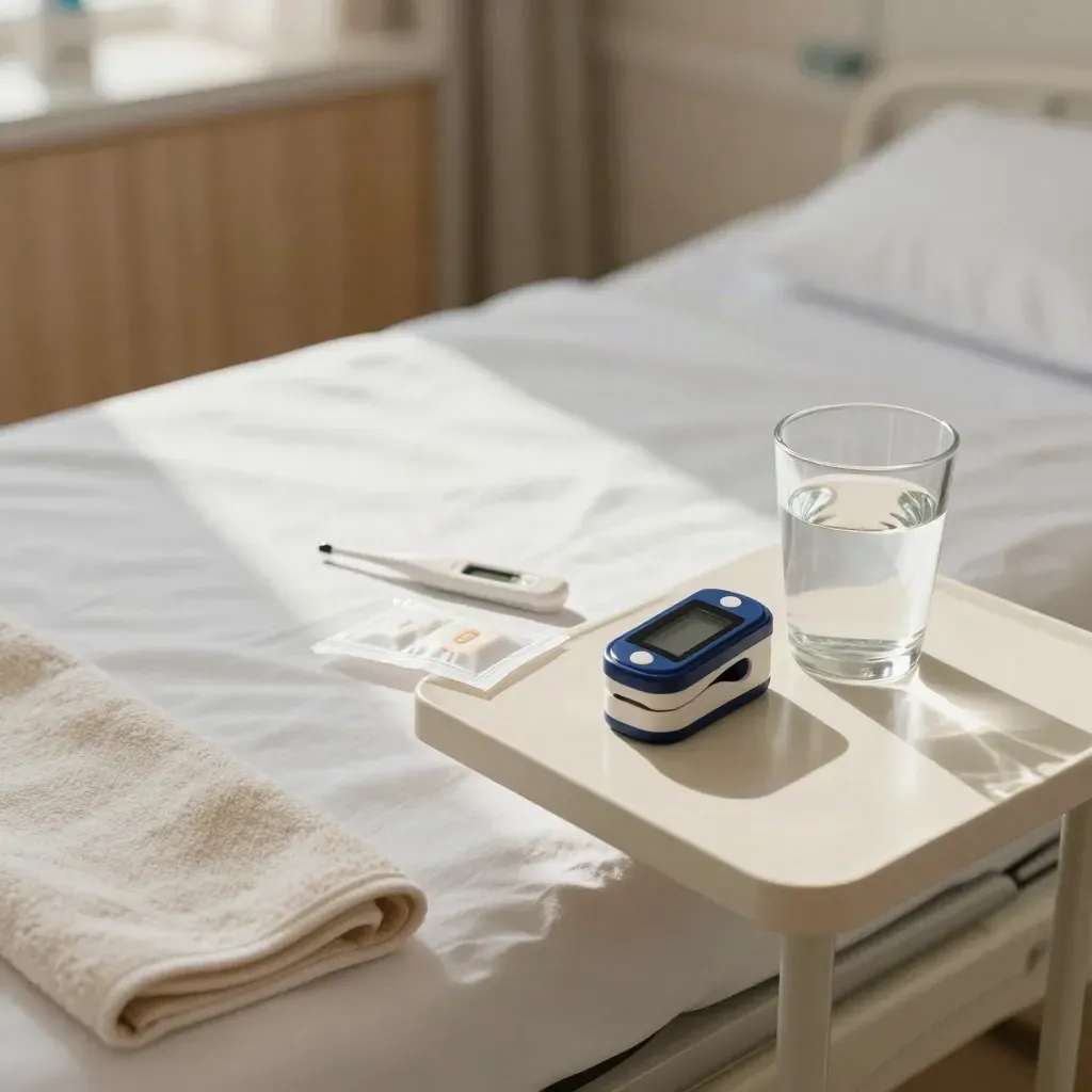 Recovery bedside setup with dressings, thermometer, oximeter, water glass, and folded towel.