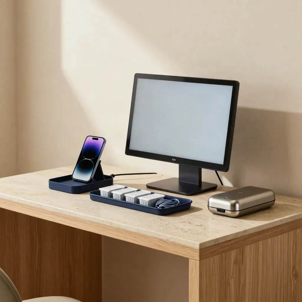 Clinic care desk with docked phone, monitor, tidy trays and a charger case on stone counter.