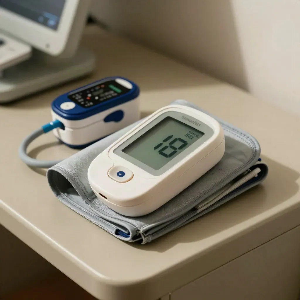 Blood-pressure cuff, glucose meter, oximeter, and charging cradle in a close-up medical still life.