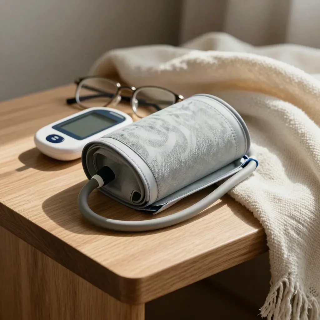 Blood-pressure cuff, glucose meter, glasses and blanket on a sunlit side table