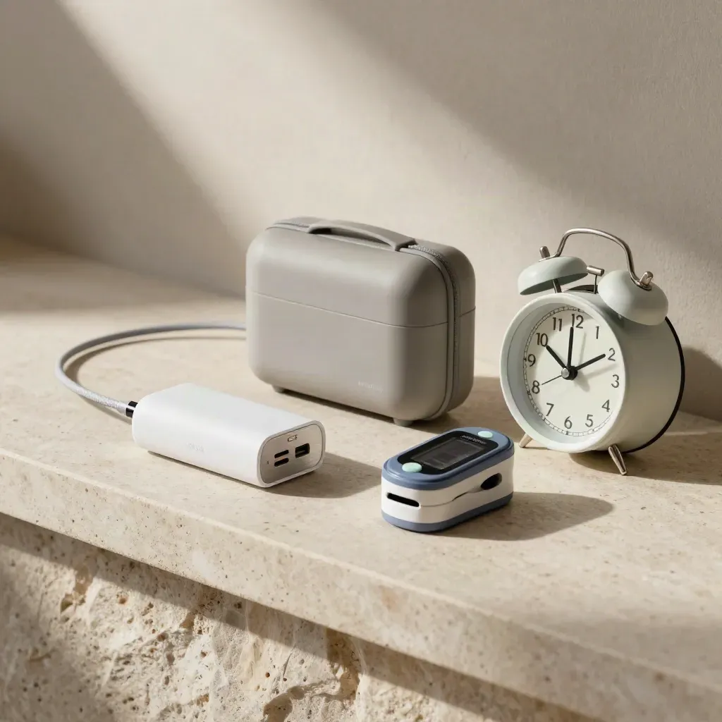Charging hub, pulse oximeter, pill caddy, and alarm clock on a pale stone ledge