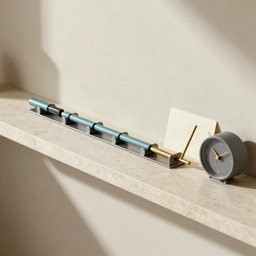 Top-down stone shelf still life of a magnetic planning rail with teal markers, brass pointer and clock.