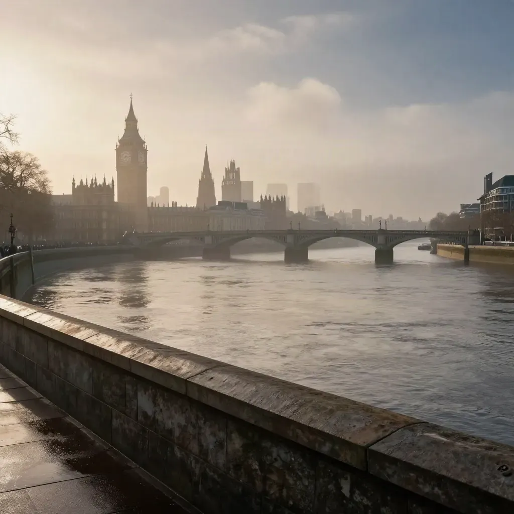 Foggy UK river skyline with bridge silhouette and stone embankments at sunset.