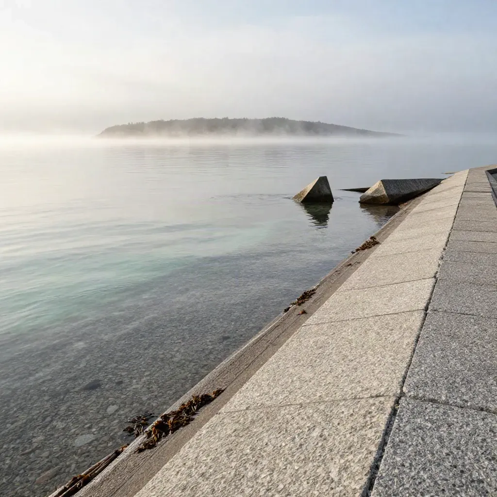 Misty Nordics shoreline of pale granite, glassy water and a thin archipelago horizon