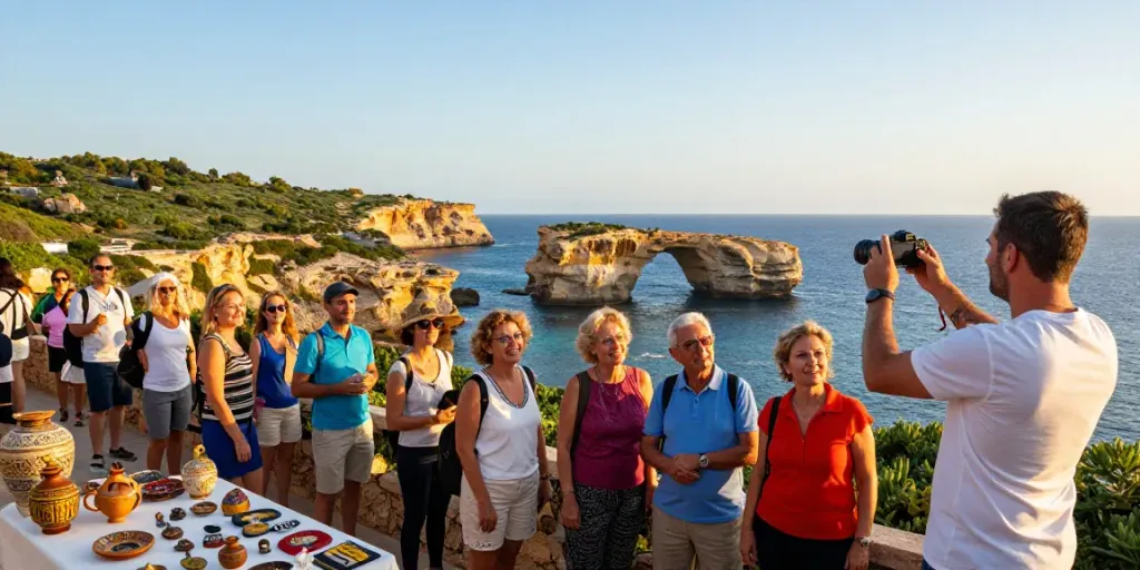 Engaging Gozo tours experience with tourists exploring the Azure Window.